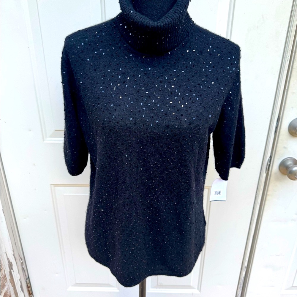 Pure Amici, Short Sleeve, Black, Turtleneck, Sweater with Bling Accents